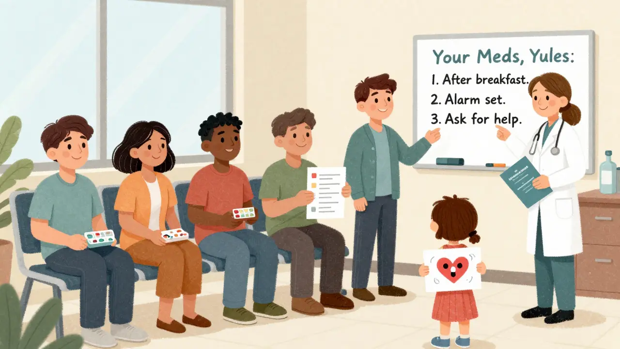 A pharmacist helps diverse patients in a clinic, showing them how to organize medications with a whiteboard and supportive smile.