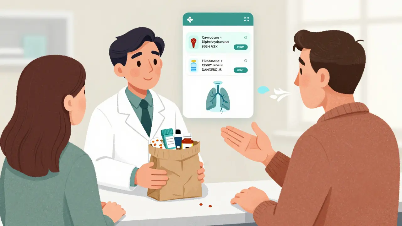 A pharmacist reviewing medications in a brown bag with a digital interaction alert above, helping a COPD patient.