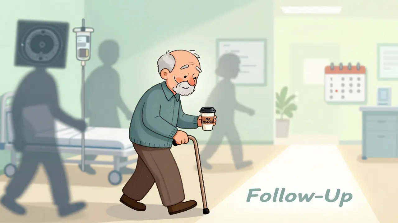A recovering patient walking toward a follow-up clinic, with past medical events fading behind him.