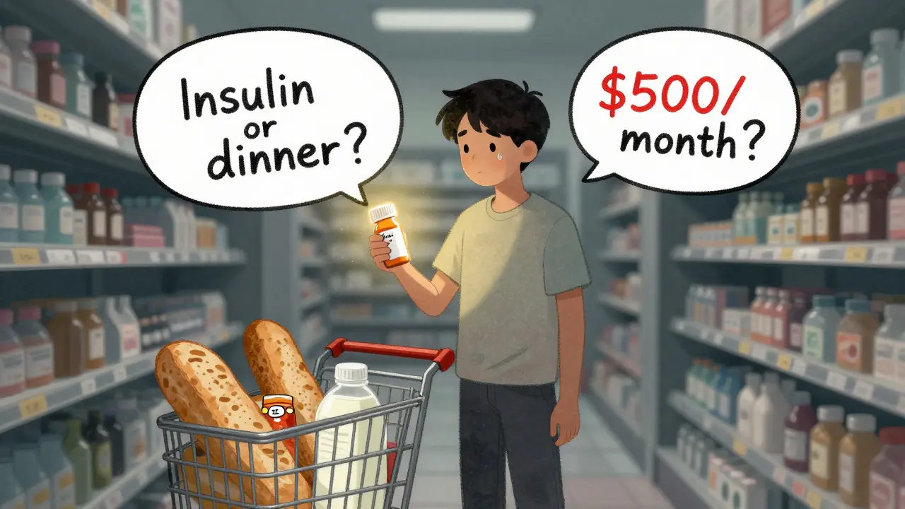 A young person choosing between medicine and groceries in a dim pharmacy aisle.