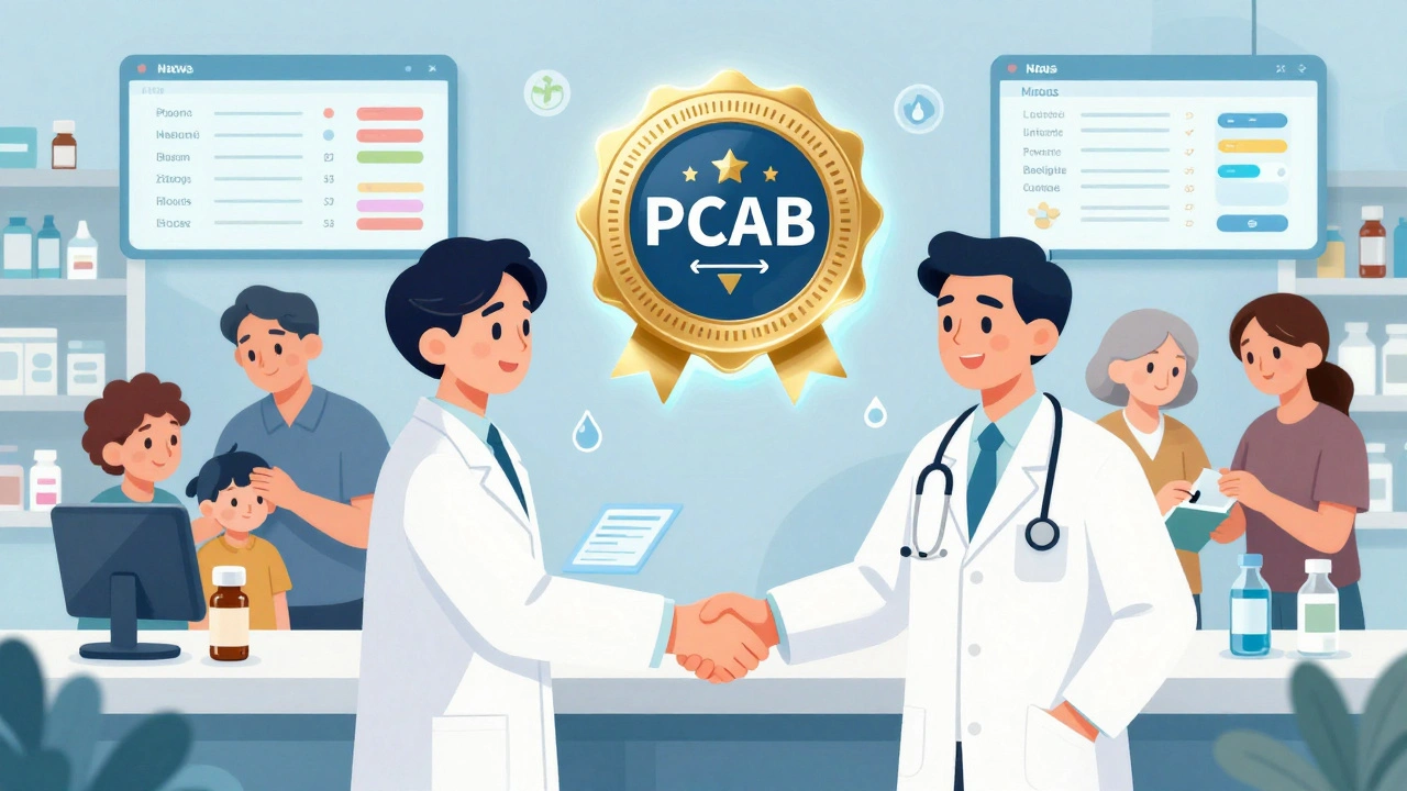 Accredited compounding pharmacy with pharmacist and doctor collaborating on a personalized prescription.