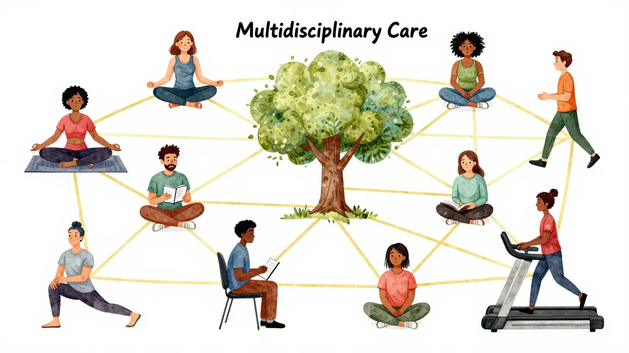 Diverse group in a community center connected by golden lines to a tree labeled 'Multidisciplinary Care'.