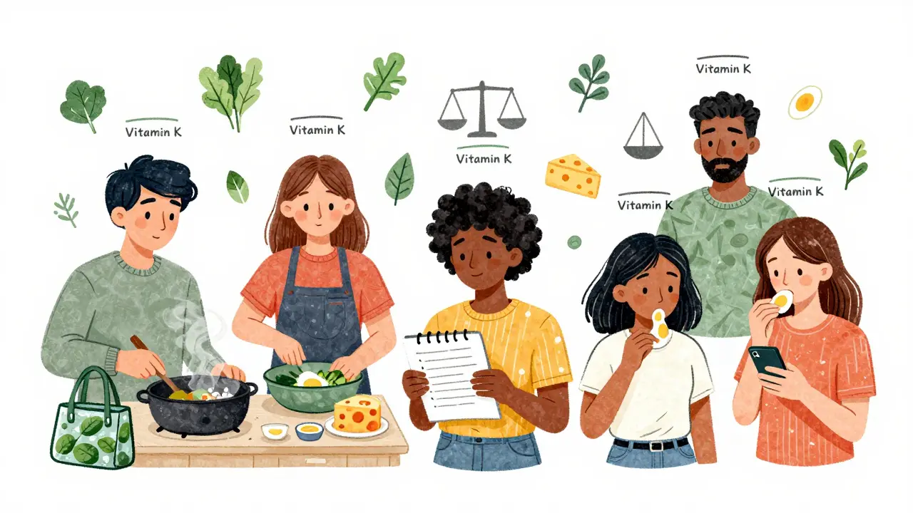 Diverse people maintaining consistent vitamin K intake through diet, measuring, and tracking in daily life.