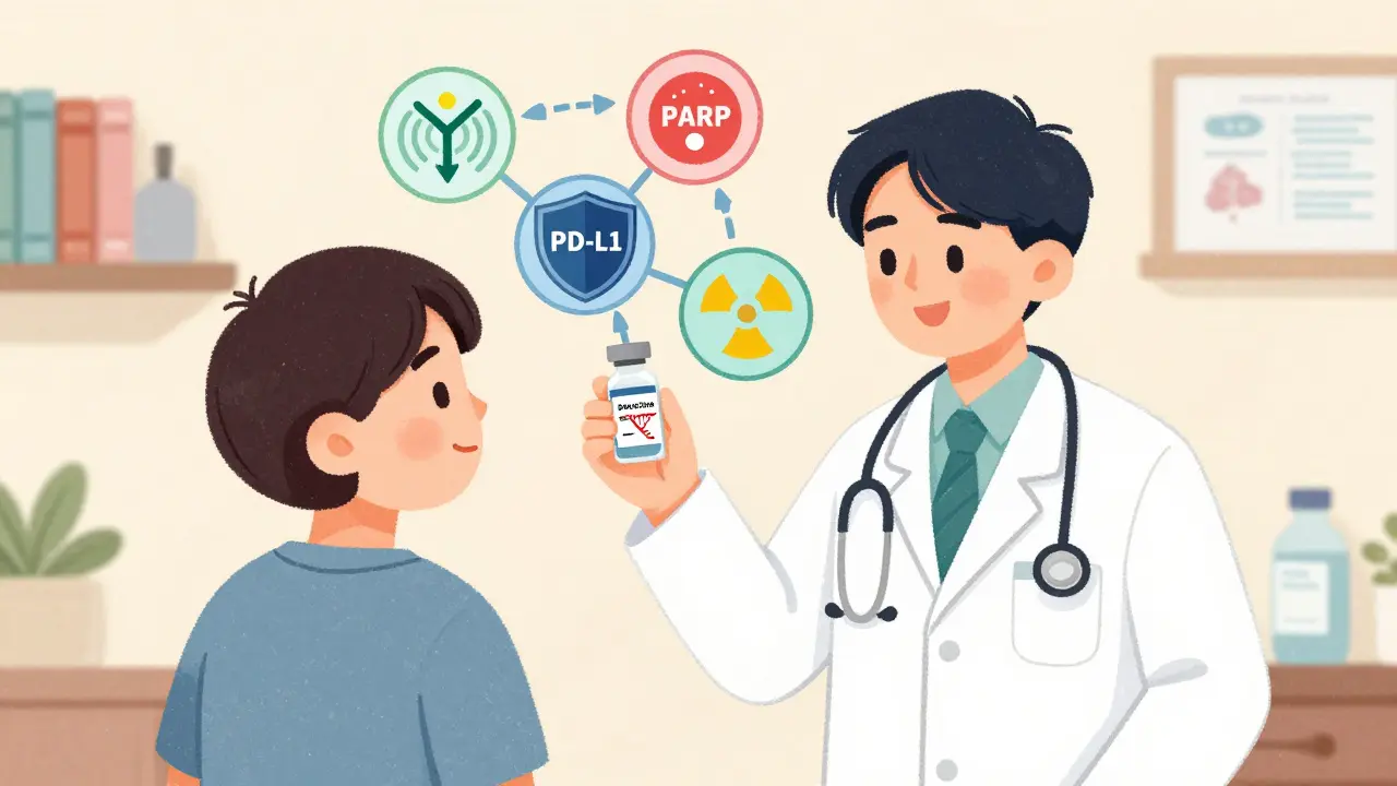 Doctor holding a personalized cancer vaccine beside a patient surrounded by treatment icons.