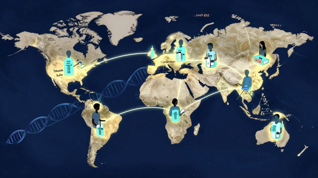 Global map showing connected research labs and patients receiving tailored TNBC therapies.