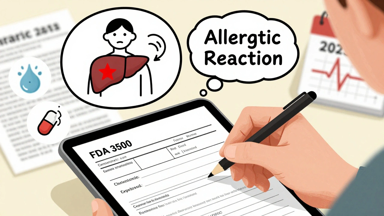 Hand filling out MedWatch form with side effect symbols floating above