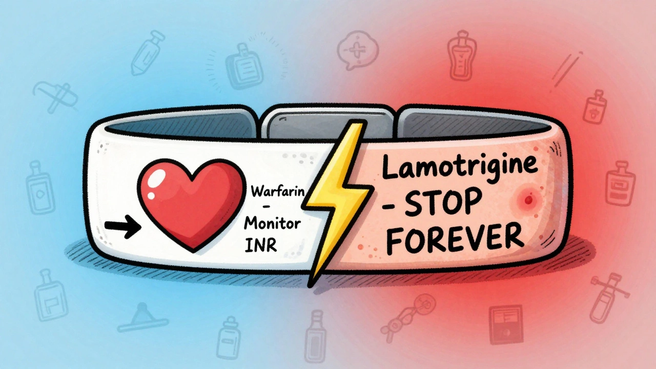 Medical alert bracelet split between monitoring a drug dose and permanently stopping a drug due to a severe skin reaction.