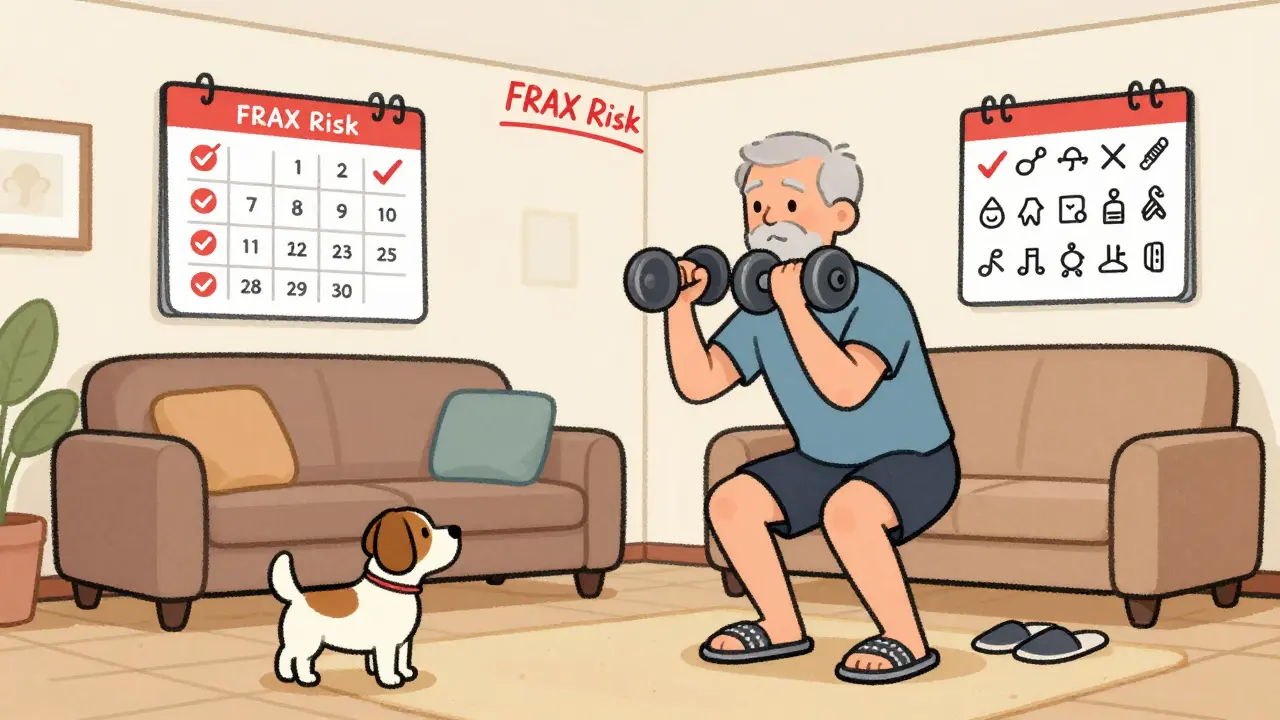 Older man doing squats at home with a calendar tracking exercise and warning sign above.