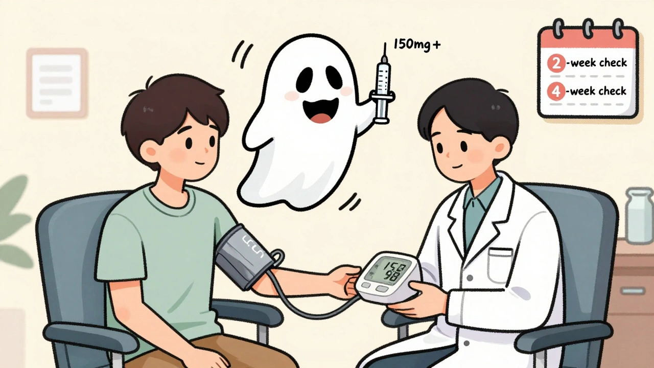 Patient checking blood pressure at home with a doctor's office scene, monitor showing high reading.