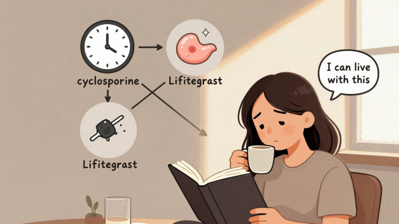 Patient reading with three treatment icons above their head, showing relief from dry eye.