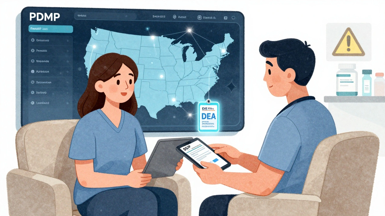 Patient receiving a telemedicine prescription with a DEA badge and nationwide drug tracking system glowing behind them.