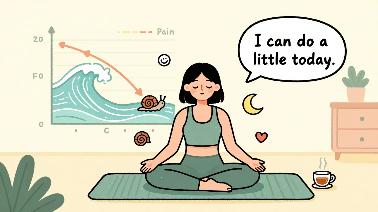 Person doing yoga with healing symbols around them, showing gradual progress in fibromyalgia management.