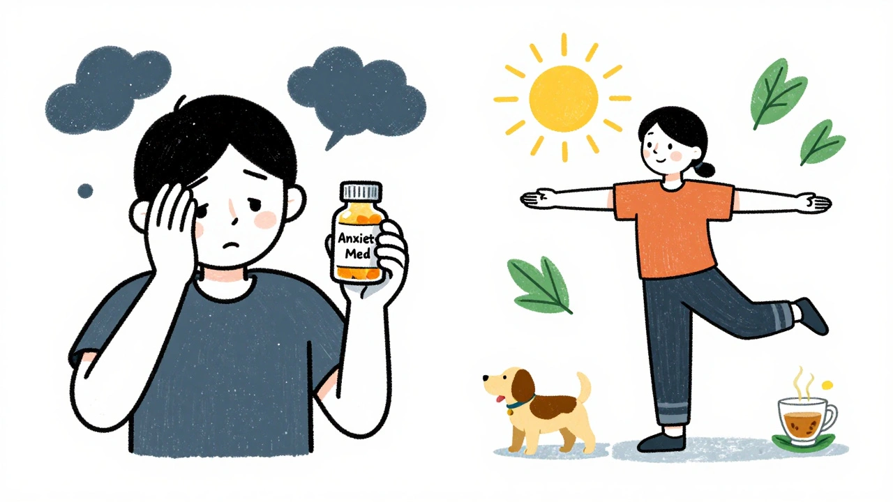 Person transitioning from struggling with pills to thriving with lifestyle changes.