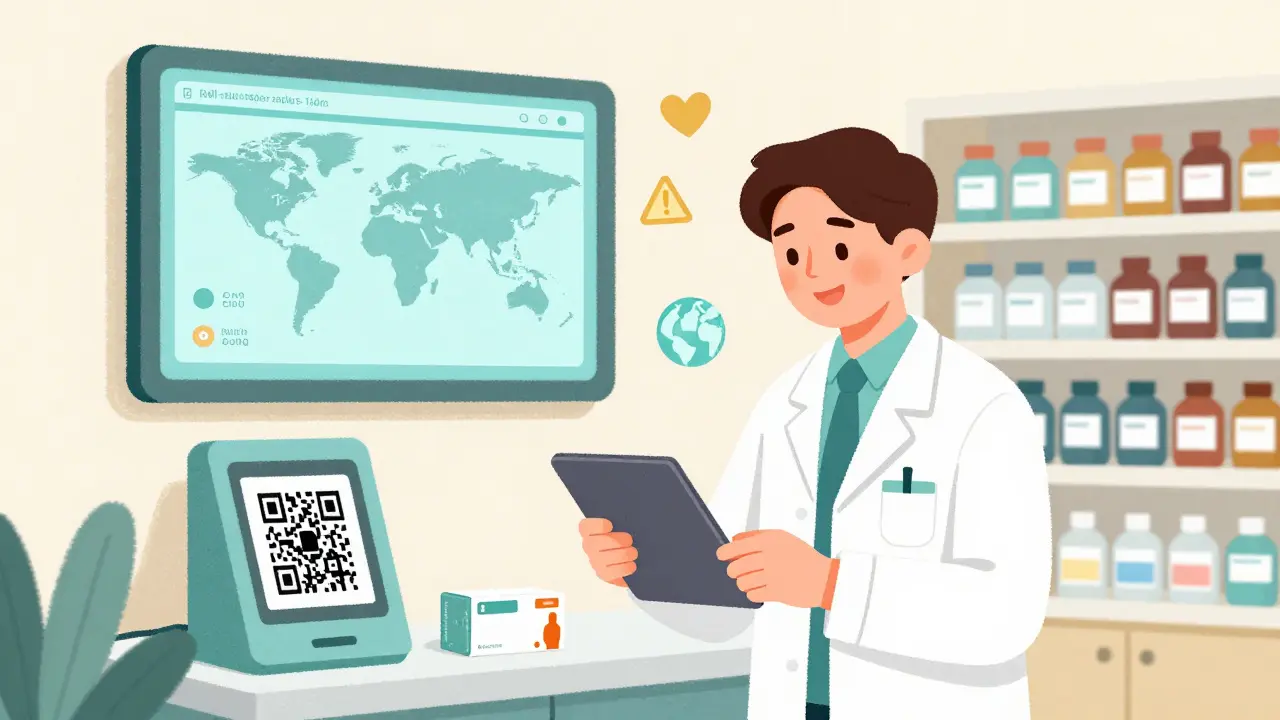 Pharmacist using a tablet to scan a drug QR code while safety updates display on a screen.