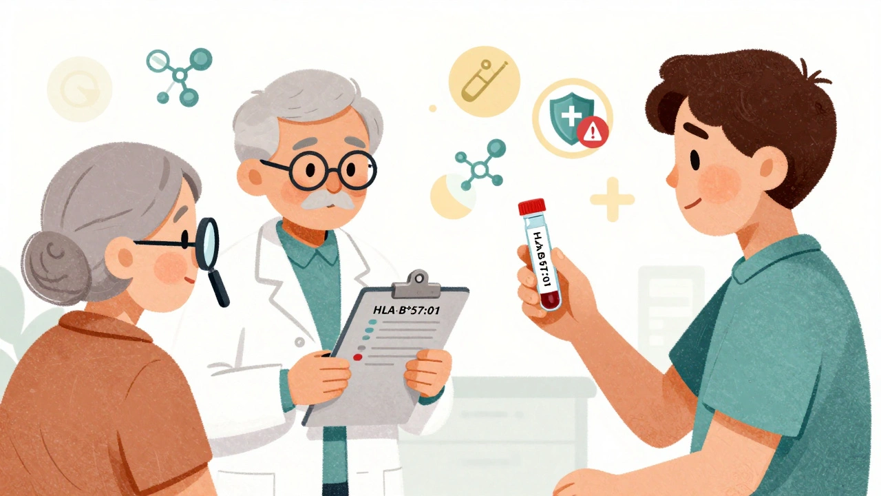 Pharmacist with two patients: one getting blood tests, another with a genetic test vial blocking a warning symbol.
