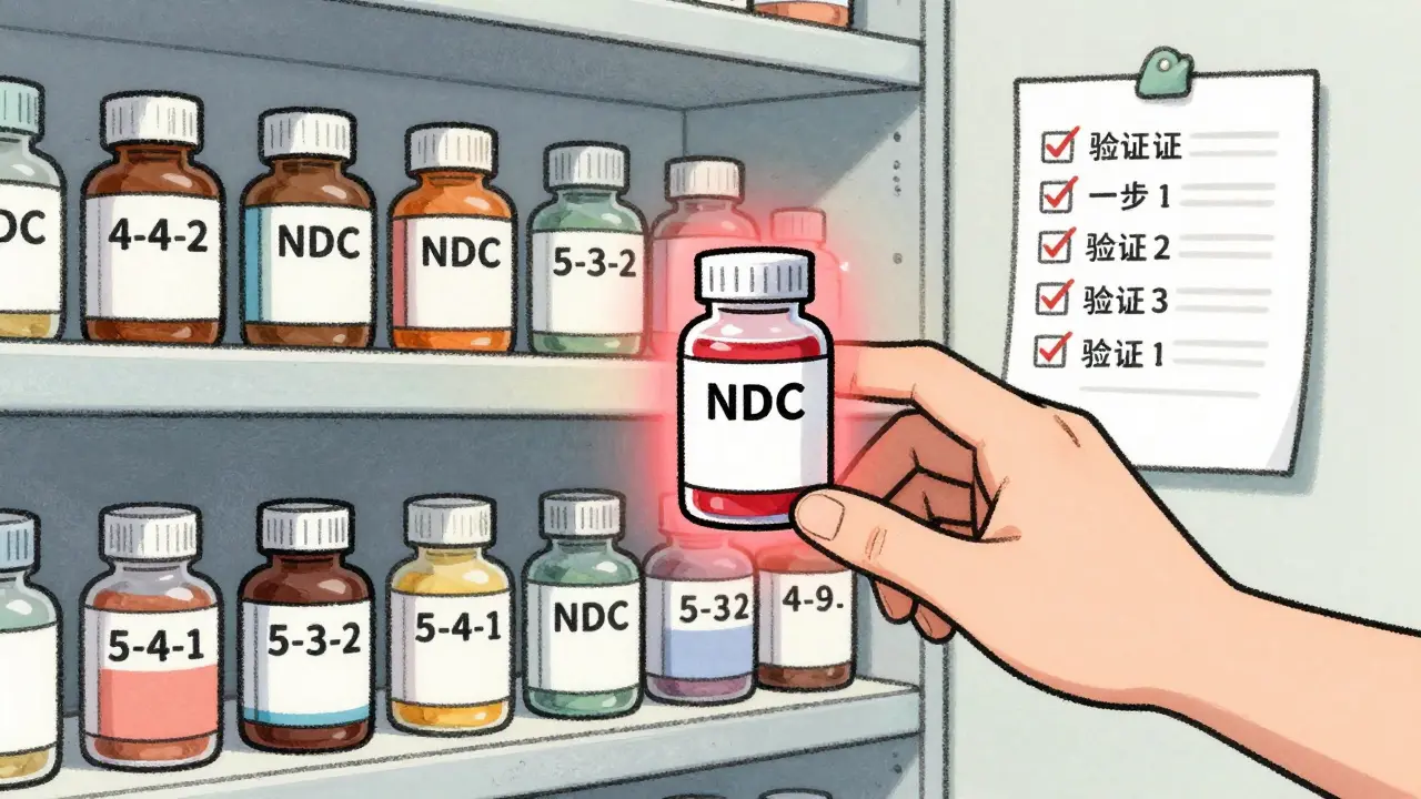 Pharmacy shelf with mismatched NDC labels, one glowing red, checklist visible on wall
