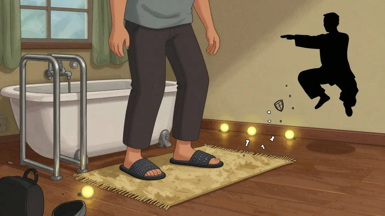 Safe home environment with removed rugs, grab bars, nightlights, and a tai chi silhouette.