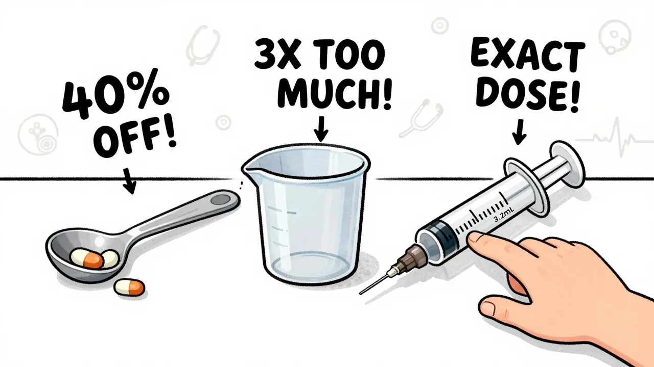 Side-by-side comparison of kitchen spoon, dosing cup, and oral syringe with dosage labels.