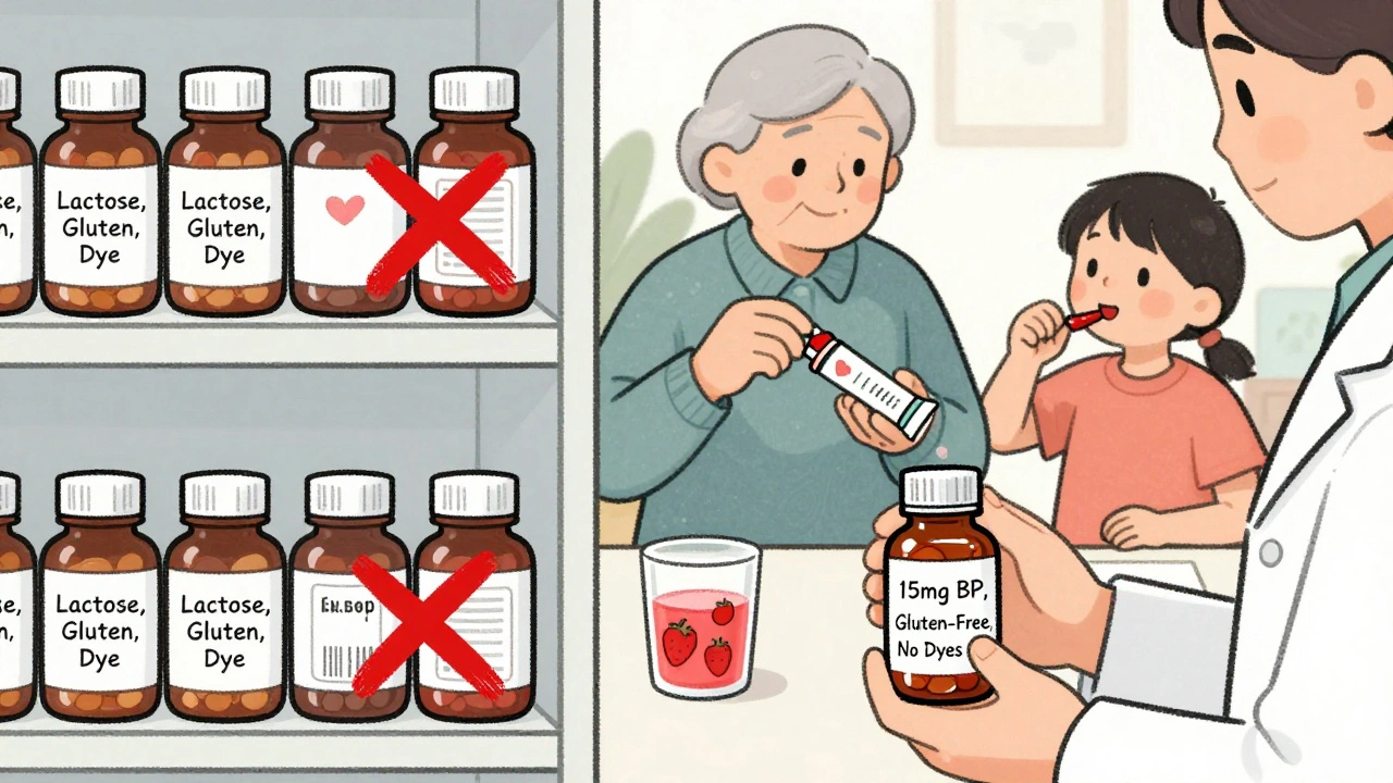 Side-by-side comparison of standard pills with allergens versus a custom, allergen-free medication.