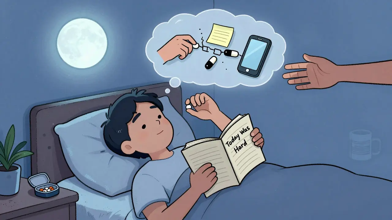 Someone journals at night with a pill in hand, surrounded by floating symbols of support and routine under moonlight.