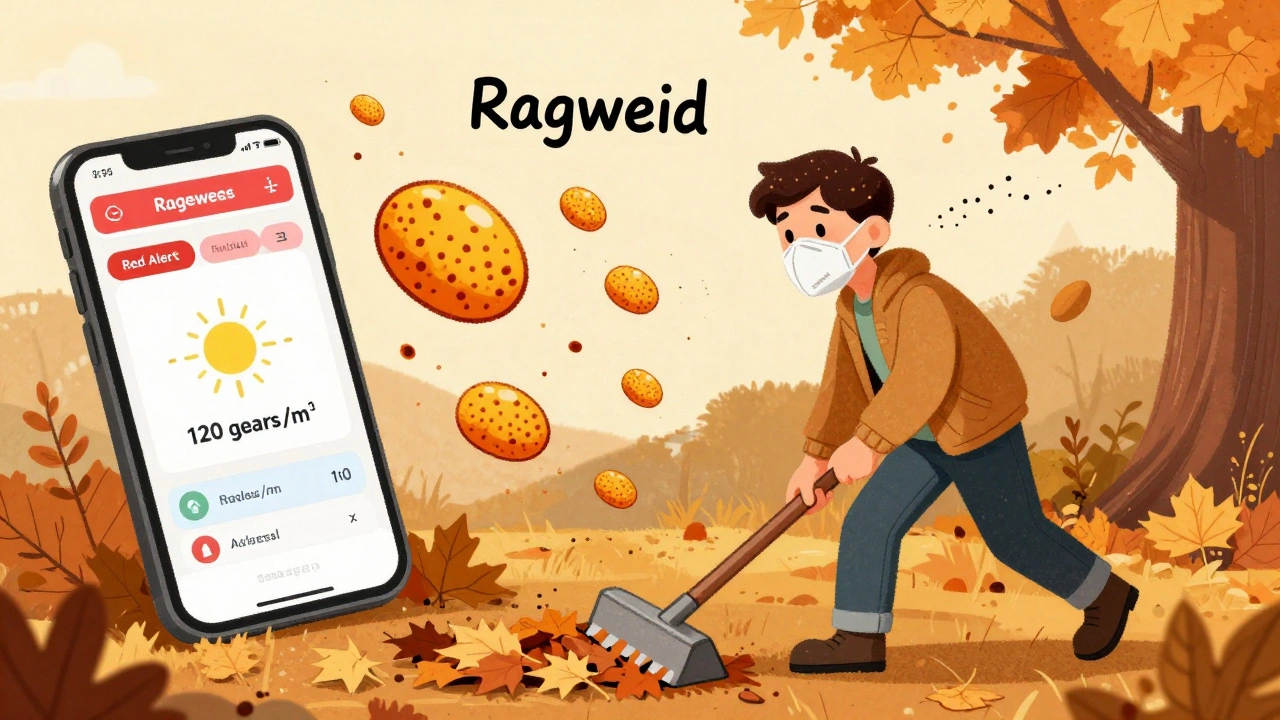 Someone wearing an N95 mask raking leaves surrounded by large ragweed pollen grains.