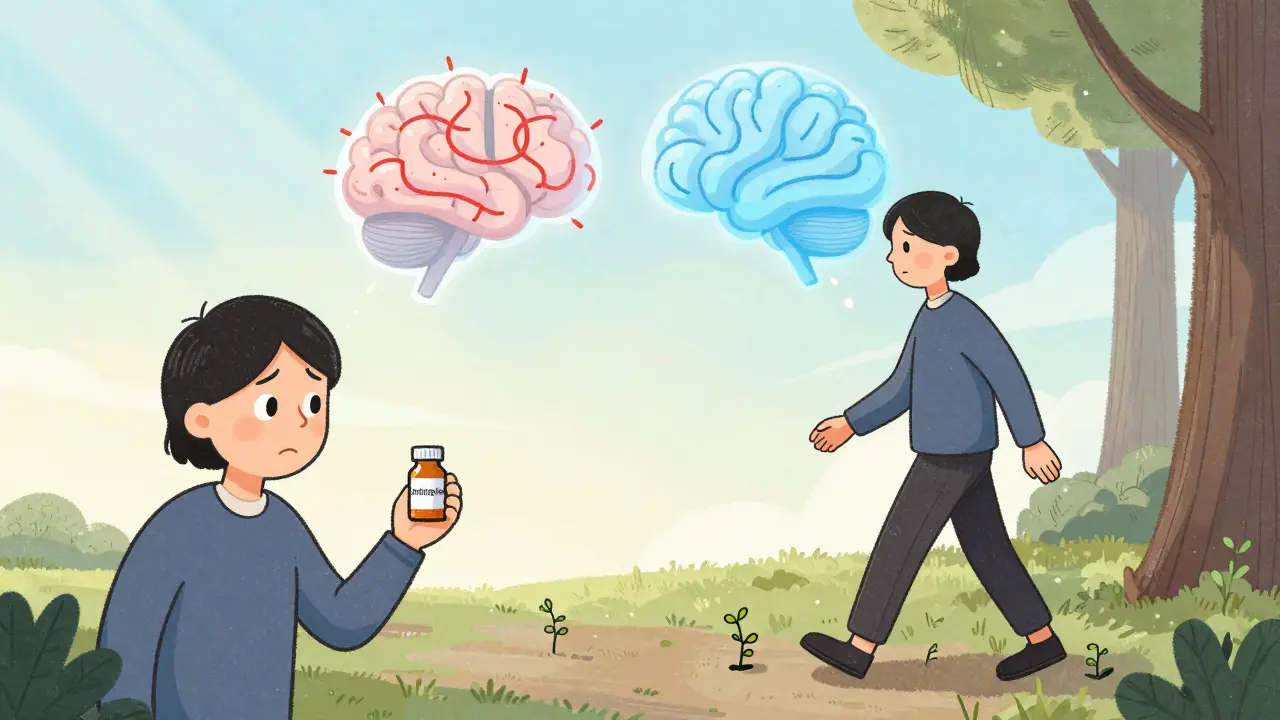 Split illustration of someone taking medication on one side and walking gently in nature on the other.