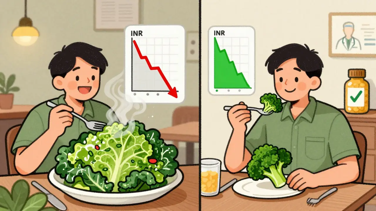 Split illustration: one side shows high vitamin K intake causing INR drop, other shows steady intake with stable INR.
