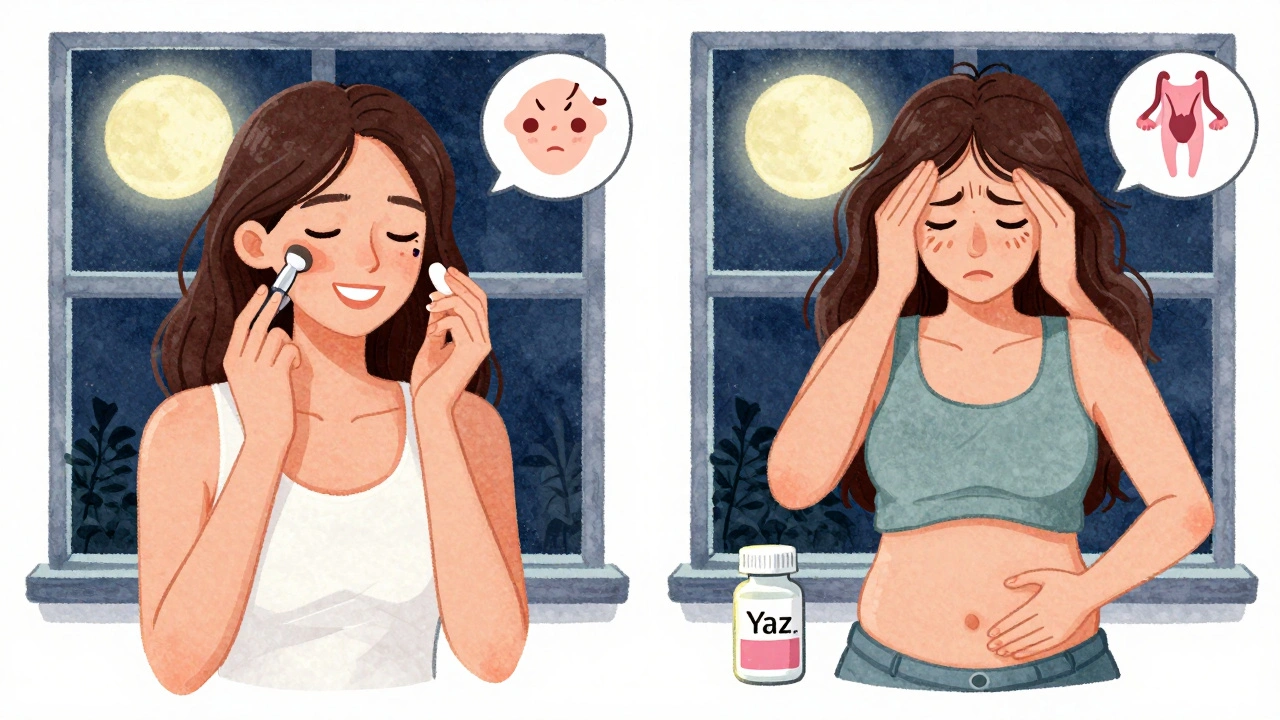 Split illustration showing a woman with clear skin and another with side effects, both taking different birth control pills under a moonlit window.