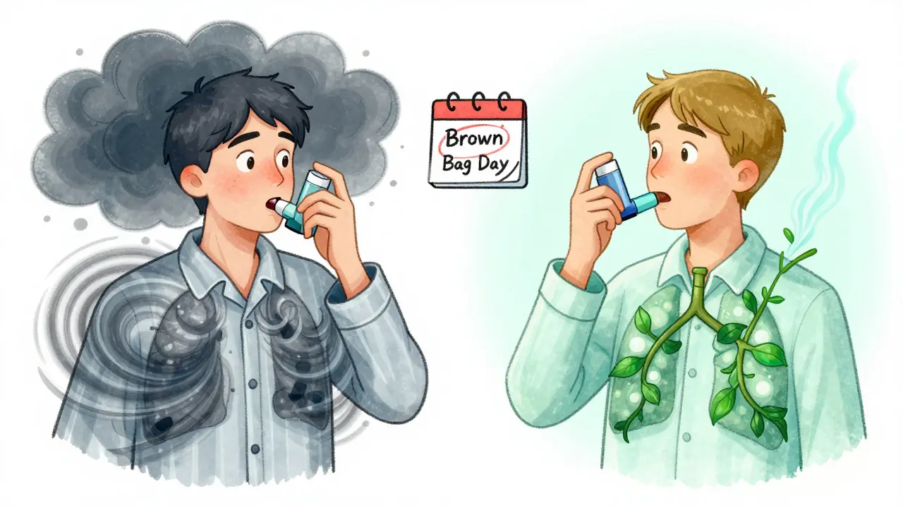 Split illustration showing harmful vs. safe medication choices for COPD, with airflow changing from dark clouds to healthy vines.