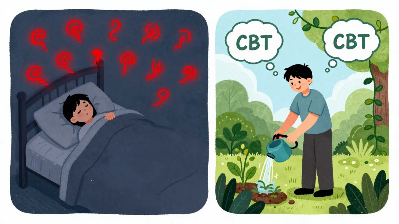 Split image: dark bed with pain symbols vs. bright garden with calm thoughts, showing progress through therapy.