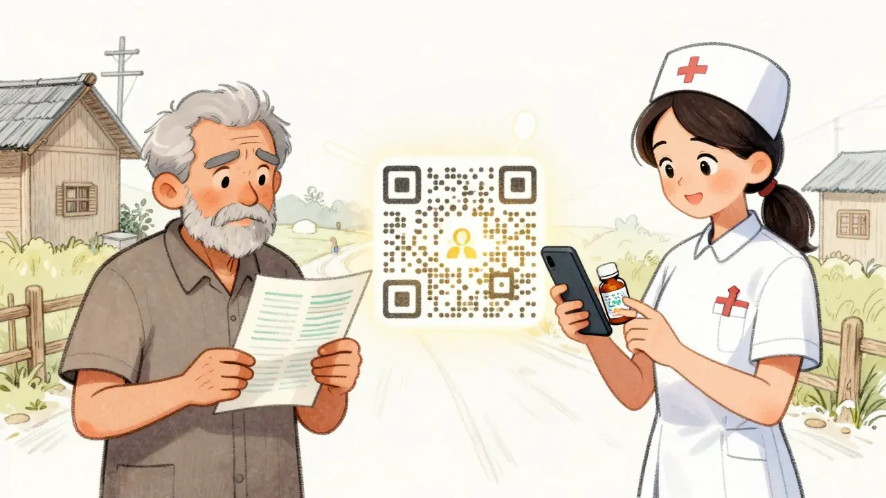 Split image: elderly patient with paper leaflet and nurse scanning QR code with video instructions.