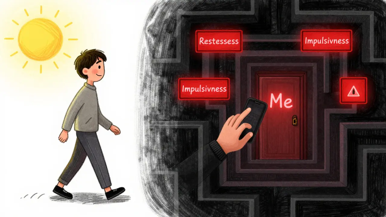 Split image: outwardly happy person vs. inner labyrinth of warning signs and a locked door labeled 'Me'.