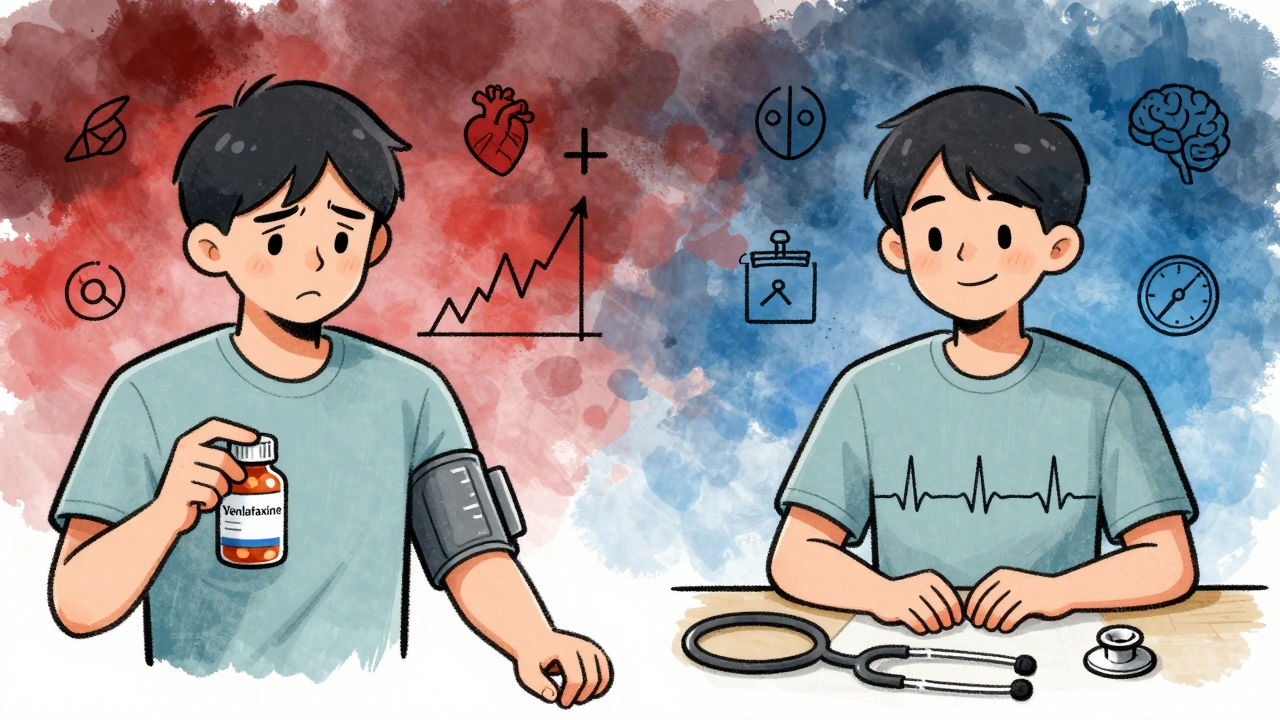 Split scene of someone on venlafaxine versus off it, with rising and falling blood pressure graphs.