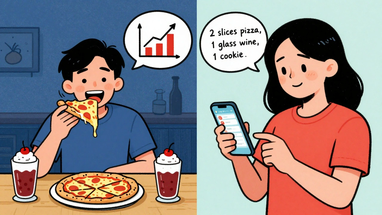 Split scene of weekend indulgence versus mindful food logging on a phone with a rising graph.