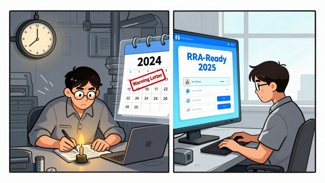 Split scene: worker backdating logs vs. using digital system with auto-timestamps for compliance.