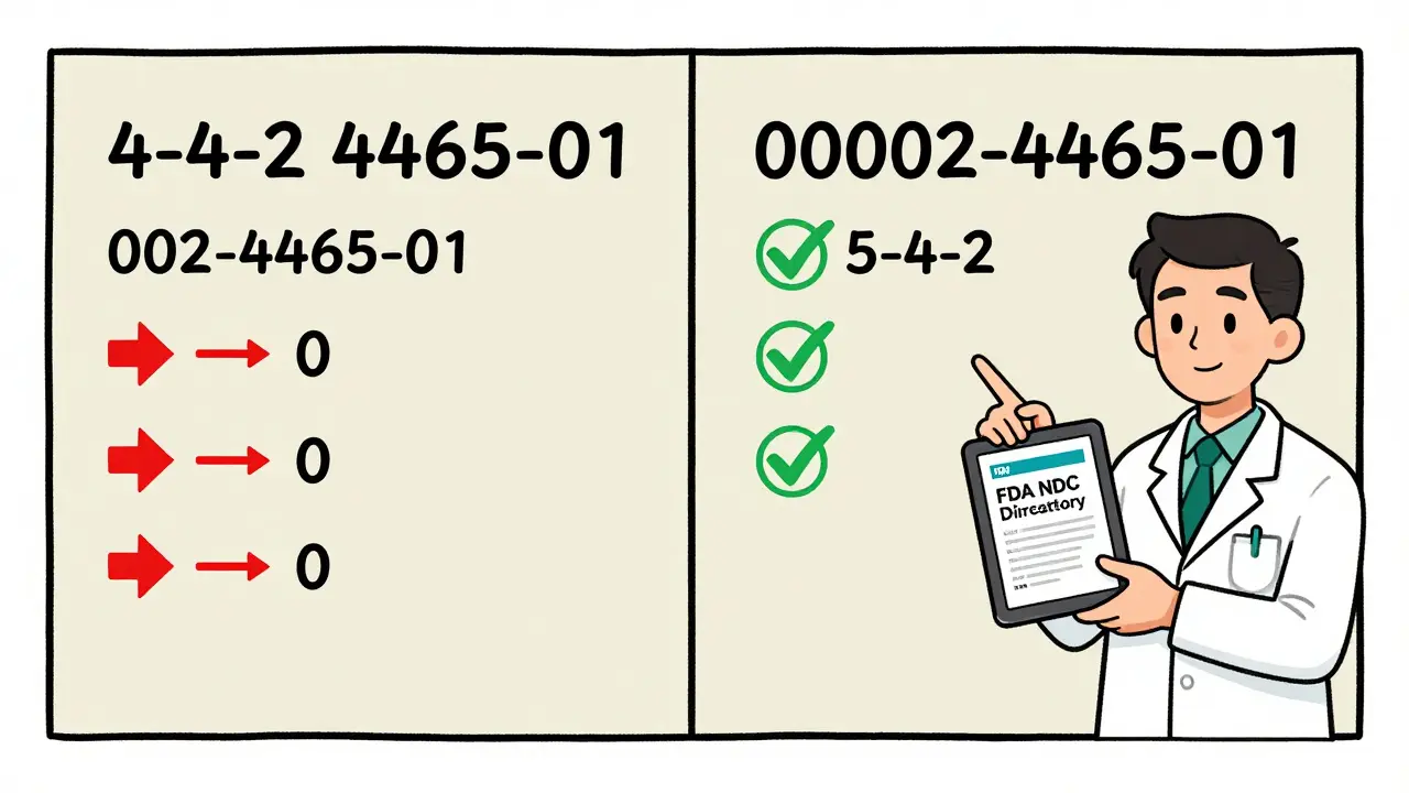 Split-screen showing incorrect and corrected NDC formats with arrows and checkmarks