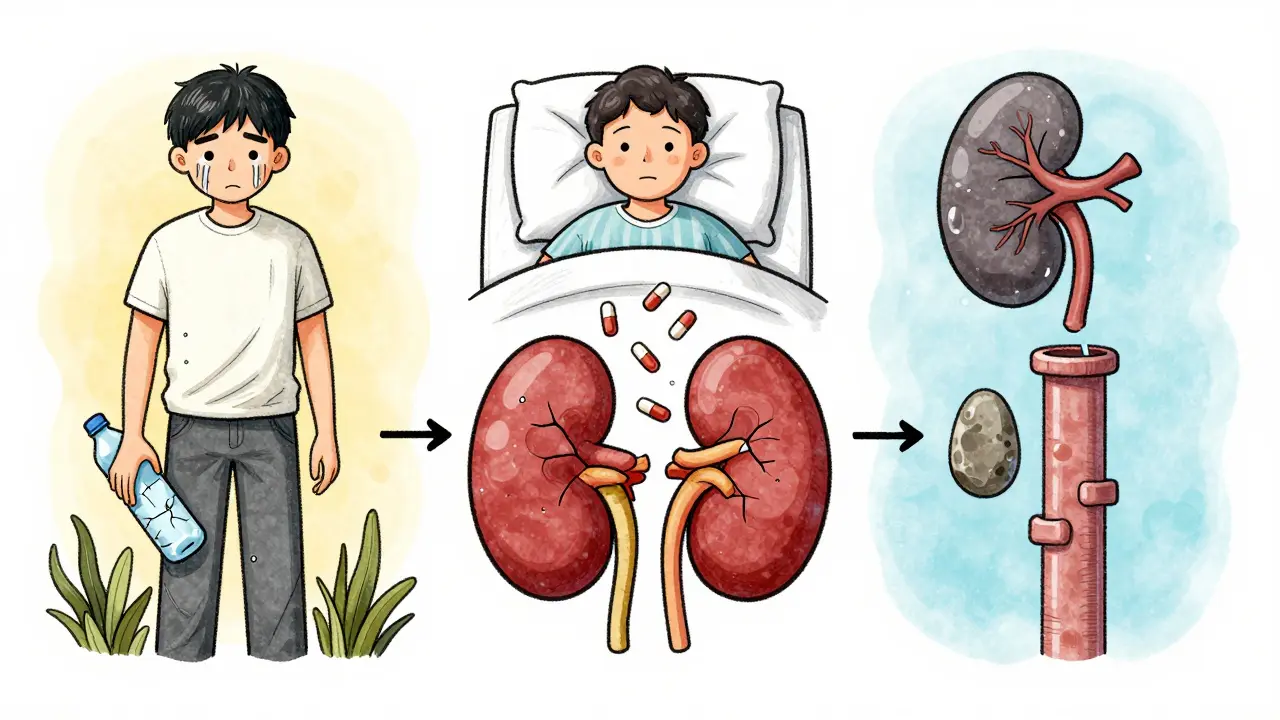 Three illustrated pathways showing causes of kidney injury: dehydration, toxic drugs, and urinary blockage.