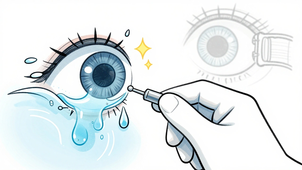 Tiny punctal plug being inserted into a tear duct with tears pooling behind it.