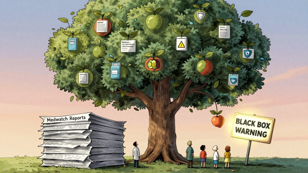 Tree growing from MedWatch reports, each fruit representing a safety action