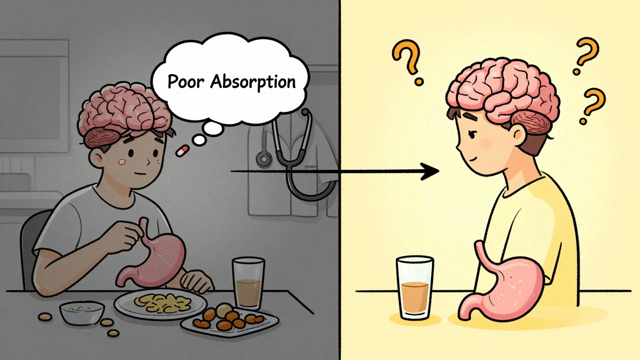 Two side-by-side scenes showing antidepressant absorption with and without proper timing of weight loss medication.