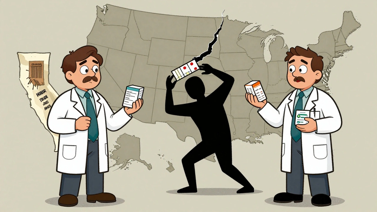 Two state pharmacists inspecting pill boxes under their state maps, with a shadowy figure trying to slip in illegal drugs.