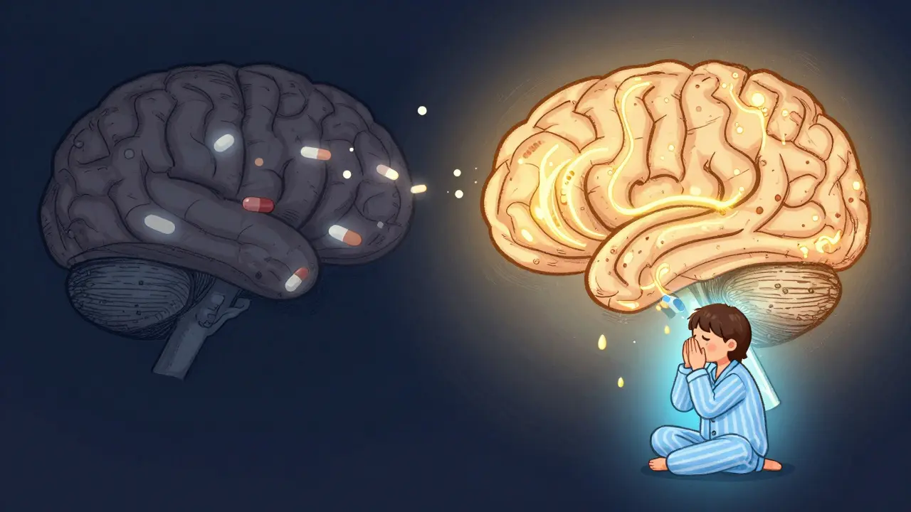 A brain transitioning from dim and depleted to bright and calm, symbolizing the healing effect of better sleep.