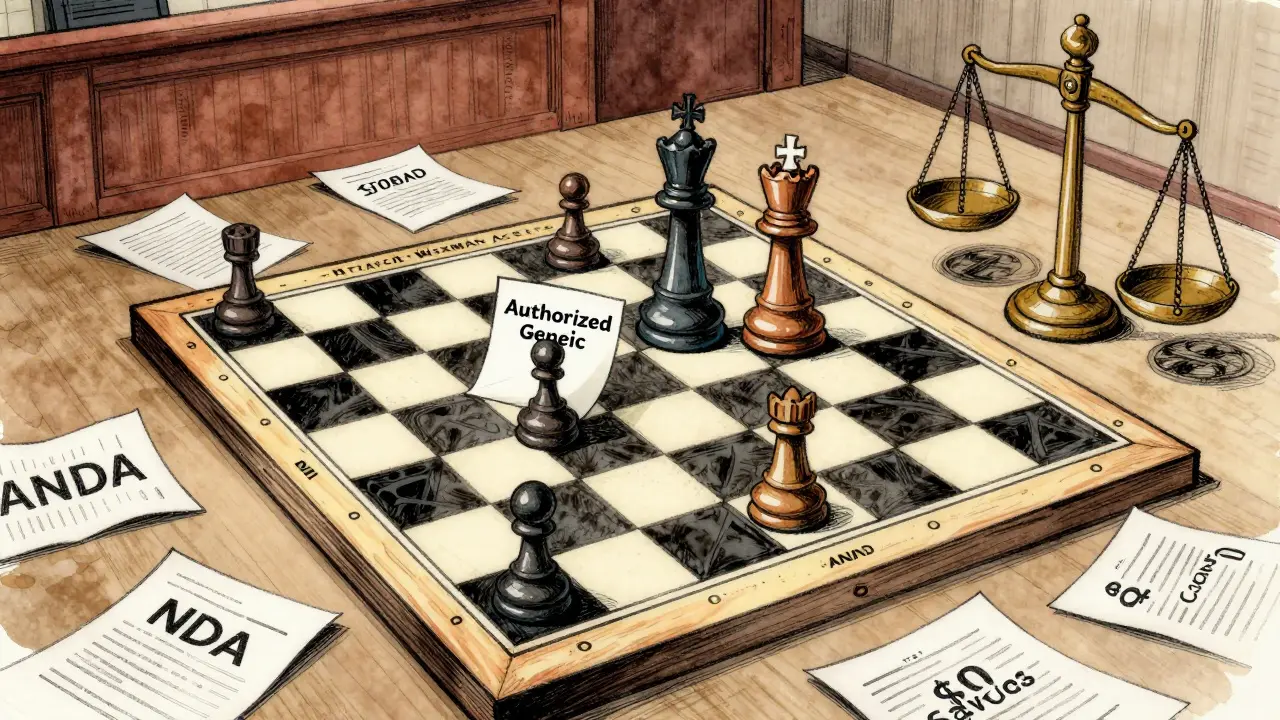 A chess game on a courtroom-themed board where a brand company's piece captures a generic company's pawn.