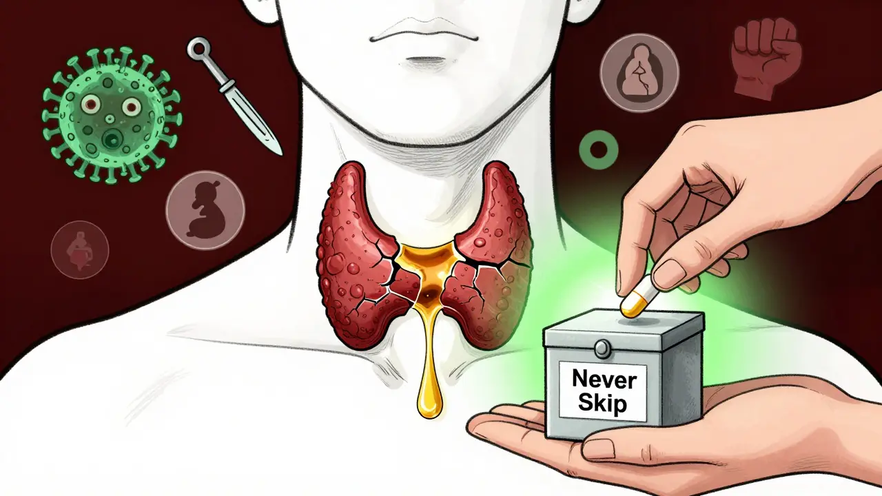A cracked thyroid gland leaking hormones, surrounded by triggers, while a hand places a pill into a lockbox labeled 'Never Skip'.