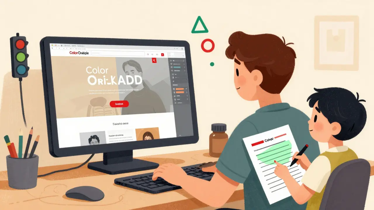 A designer sees a website through colorblind eyes, while ColorADD symbols help identify colors.