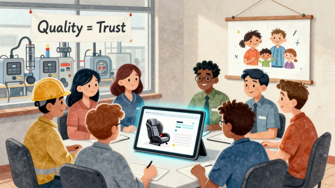 A diverse team links a defective car seat buckle to customer feedback, with a child's drawing of a family on the wall beside them.
