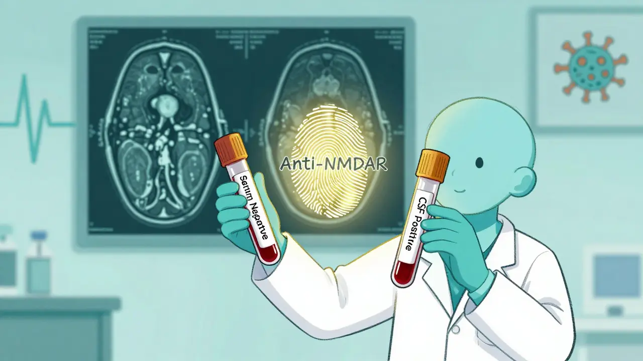 A doctor compares blood and spinal fluid tests with a glowing antibody fingerprint and MRI scan in the background.
