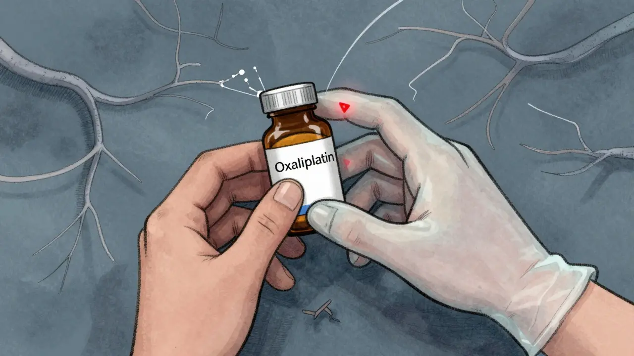 A hand holding a chemotherapy pill as numbness spreads like a glove, with fraying nerve fibers in the background.