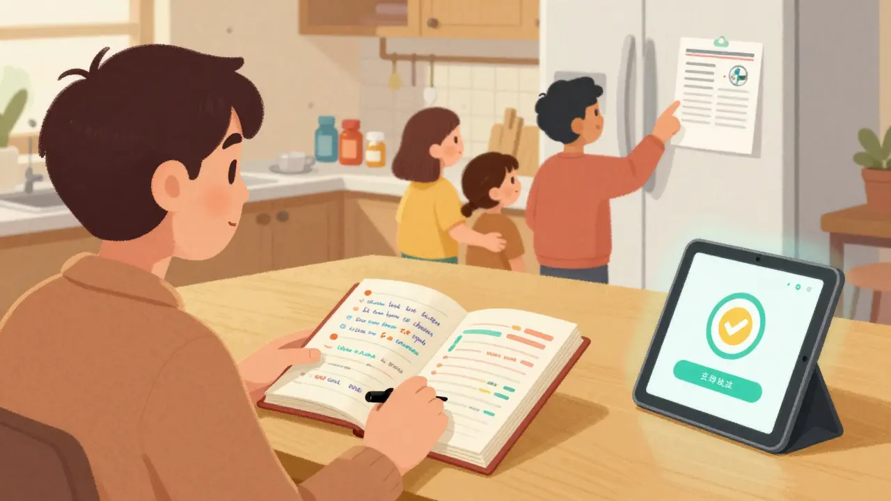A patient at home shows a handwritten medication diary to family members while a tablet displays a successful reconciliation.