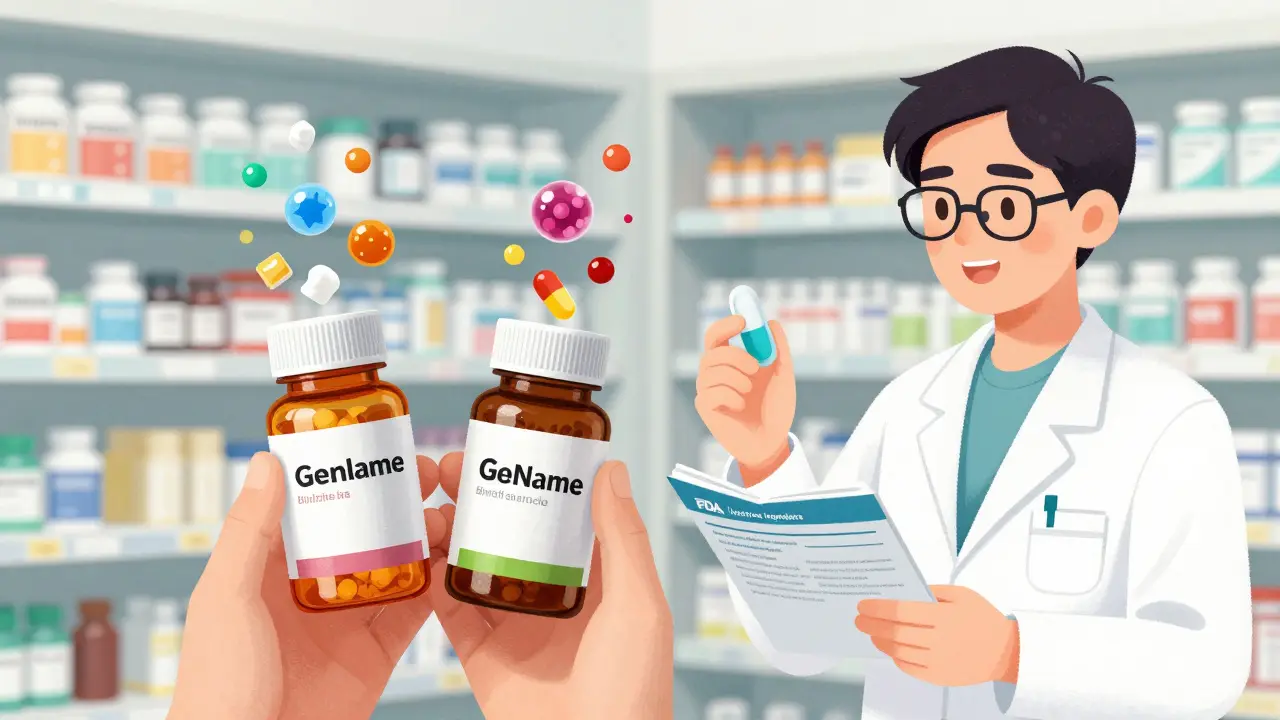 A person comparing two pill bottles with different excipient bubbles, consulting a pharmacist in a bright pharmacy.